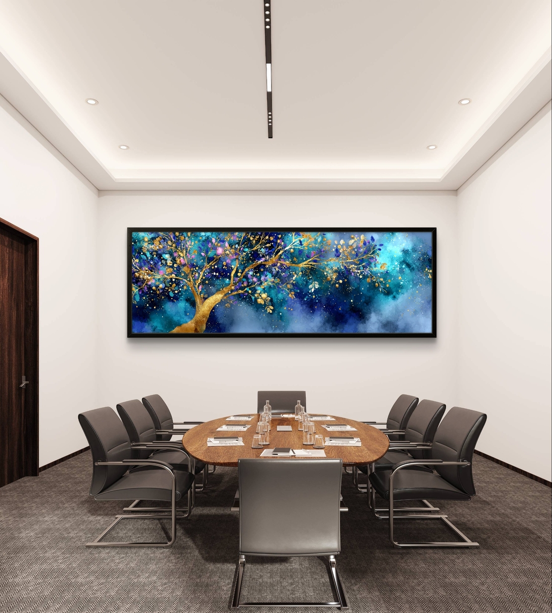 ציור פנורמי יוקרתי עם עץ זהב וענפים זוהרים על רקע כחול וטורקיז