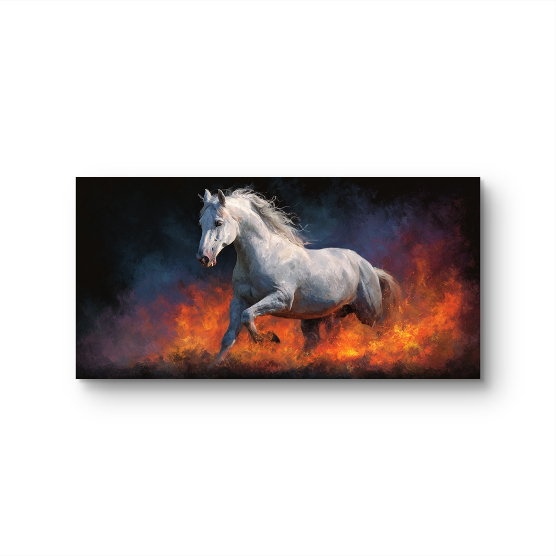 הדמיית סלון עם תמונת קנבס סוס לבן ואש, מוקד נוכחות חזק לקיר גדול