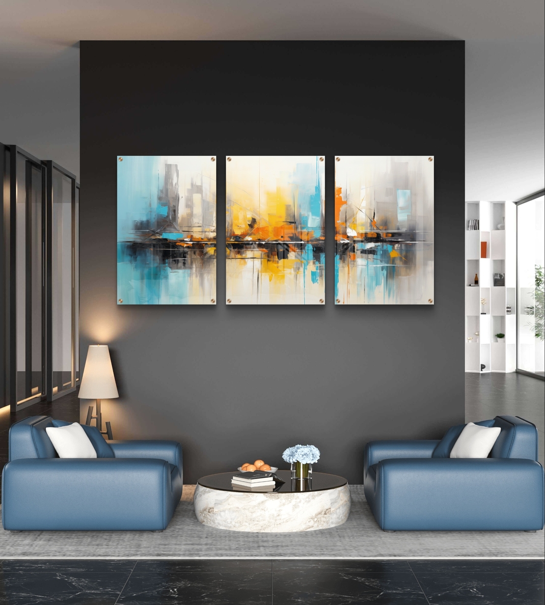 תמונת זכוכית שלשה נוף עירוני אבסטרקטי עם השתקפות במים