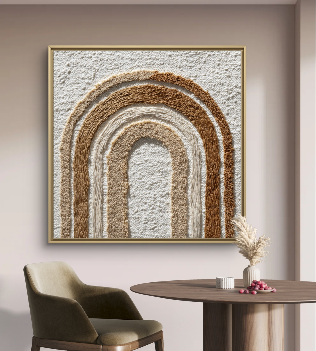 תמונת קנבס מרובעת עם קשתות אבסטרקטיות בגווני קרם, בז’ וחום, סגנון מינימליסטי, הדפסה חלקה ללא תבליט