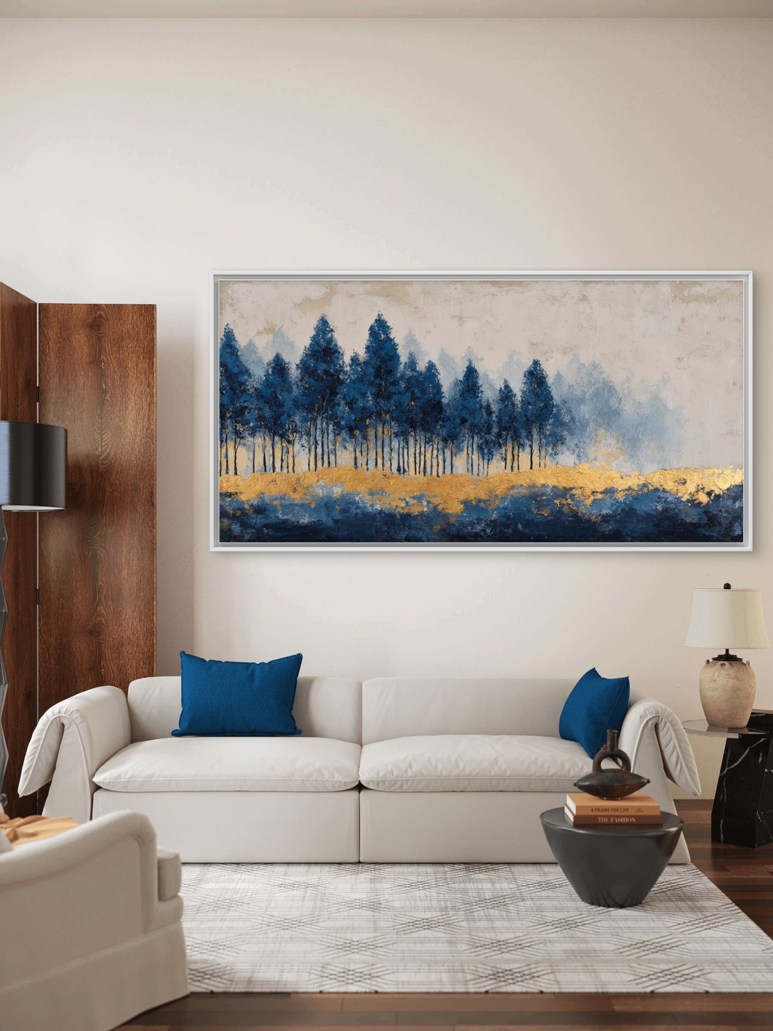 תמונת קנבס של יער עצים כחולים עם נגיעות זהב על רקע בהיר