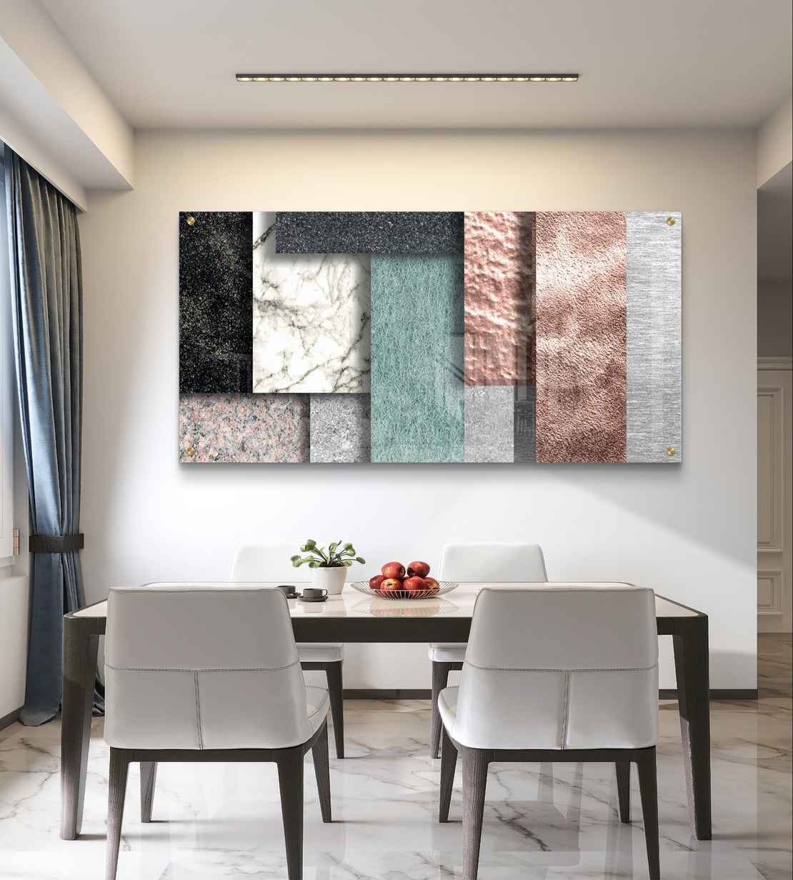 תמונת זכוכית לרוחב עם קומפוזיציה של שכבות טקסטורה בגוונים טבעיים ומודרניים