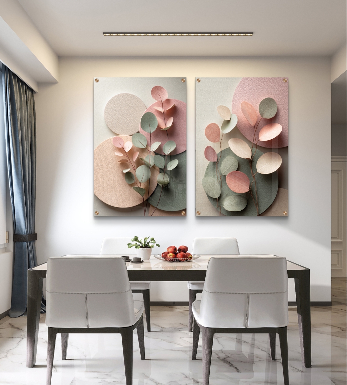 תמונת זכוכית זוגית בעיצוב עדין עם עלים וצורות פסטל בגווני ורוד וירוק