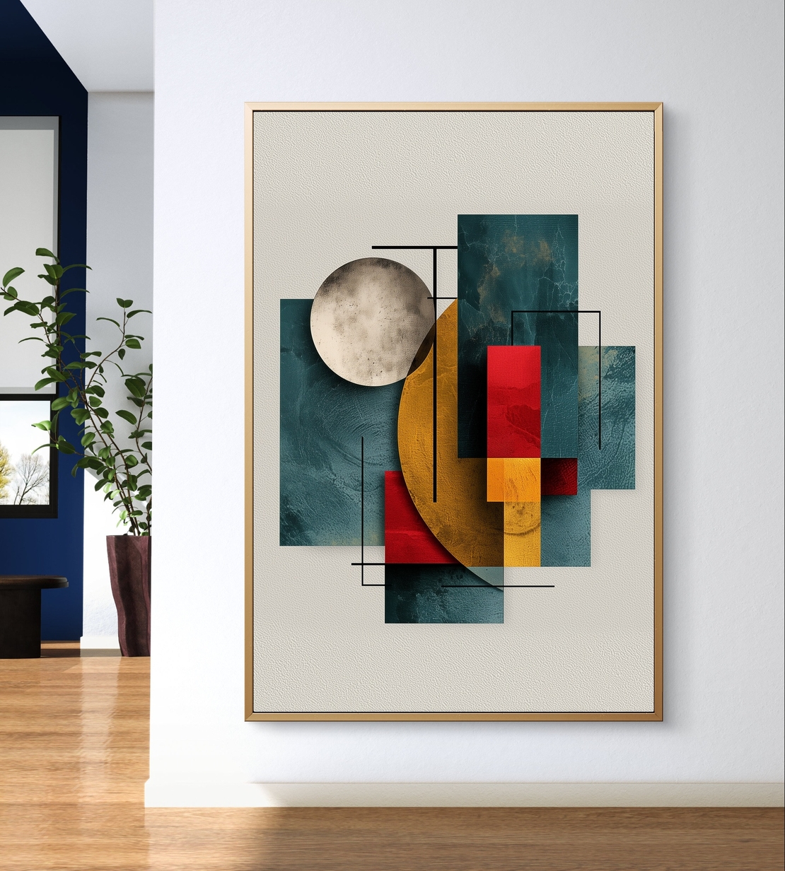 תמונת קנבס אבסטרקט גיאומטרי בגווני טורקיז אדום וחרדל