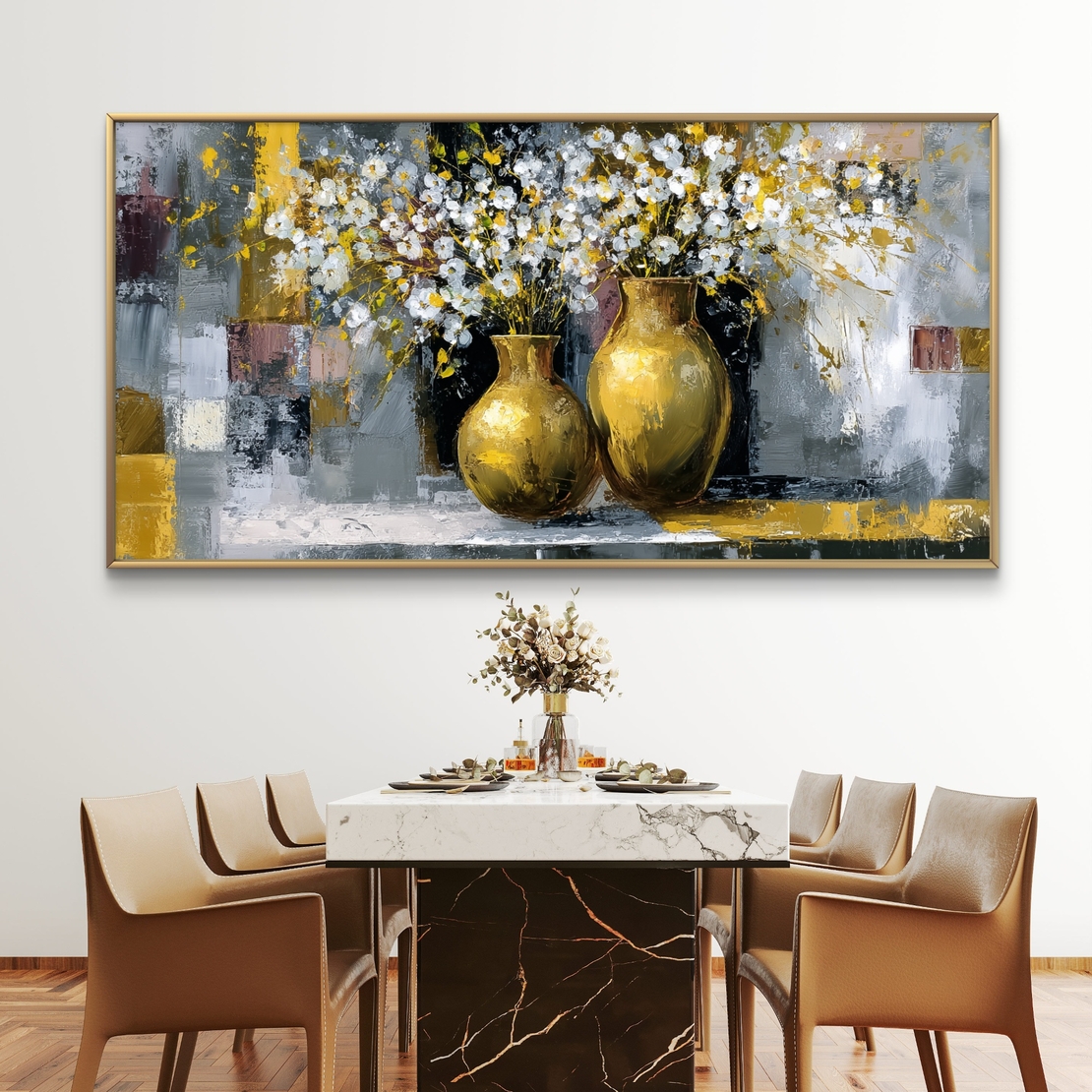 תמונת קנבס Symphony in Gold – שני כדים מוזהבים מלאים בפרחים לבנים על רקע מופשט בגווני אפור וזהב