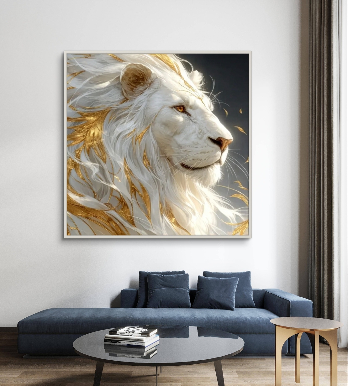 תמונת קנבס מרובעת של אריה לבן אצילי עם רעמה זהובה על רקע כהה יוקרתי