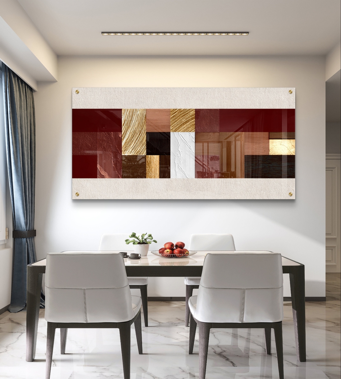 תמונת זכוכית לרוחב בעיצוב אבסטרקטי גאומטרי בגווני בורדו, חום וזהב עם הדפסה חלקה ומראה יוקרתי