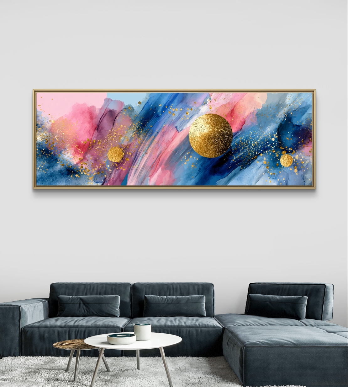 תמונת קנבס פנורמית צבעונית בגווני כחול וורוד עם נקודות זהב בהדפסה חלקה – תכשיט לבית