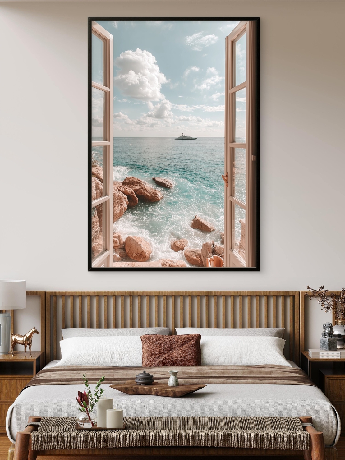 תמונת קנבס חלון לים בגווני טורקיז ובז’ – מתוך קולקציית NEXTGEN BY BAR של תכשיט לבית, בעיצוב יוקרתי והדפסה חלקה ואיכותית.