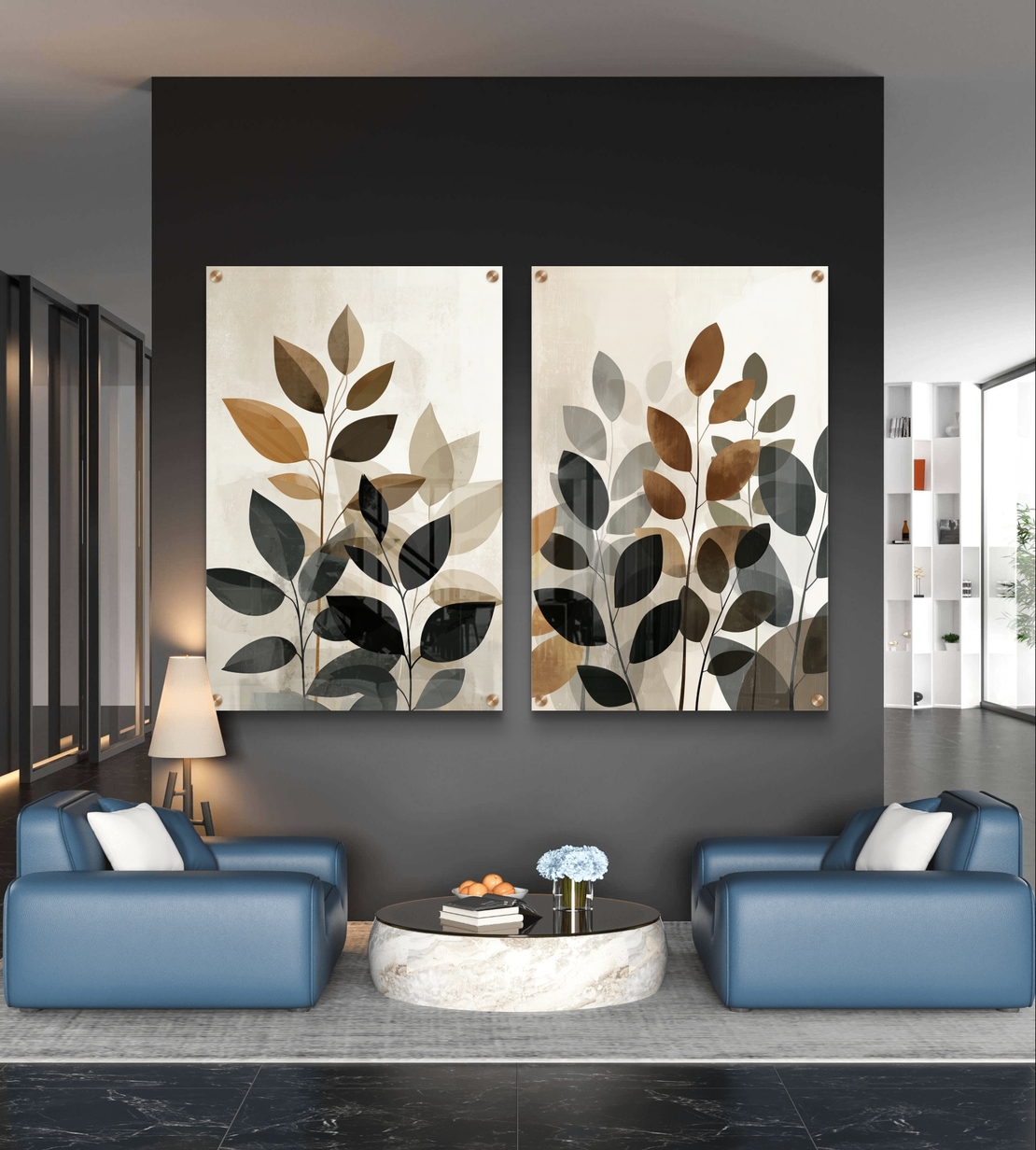 עיצוב קיר מודרני עם סט זכוכית זוג של עלים בגווני חום, אפור ובז’ בהדפסה חלקה.