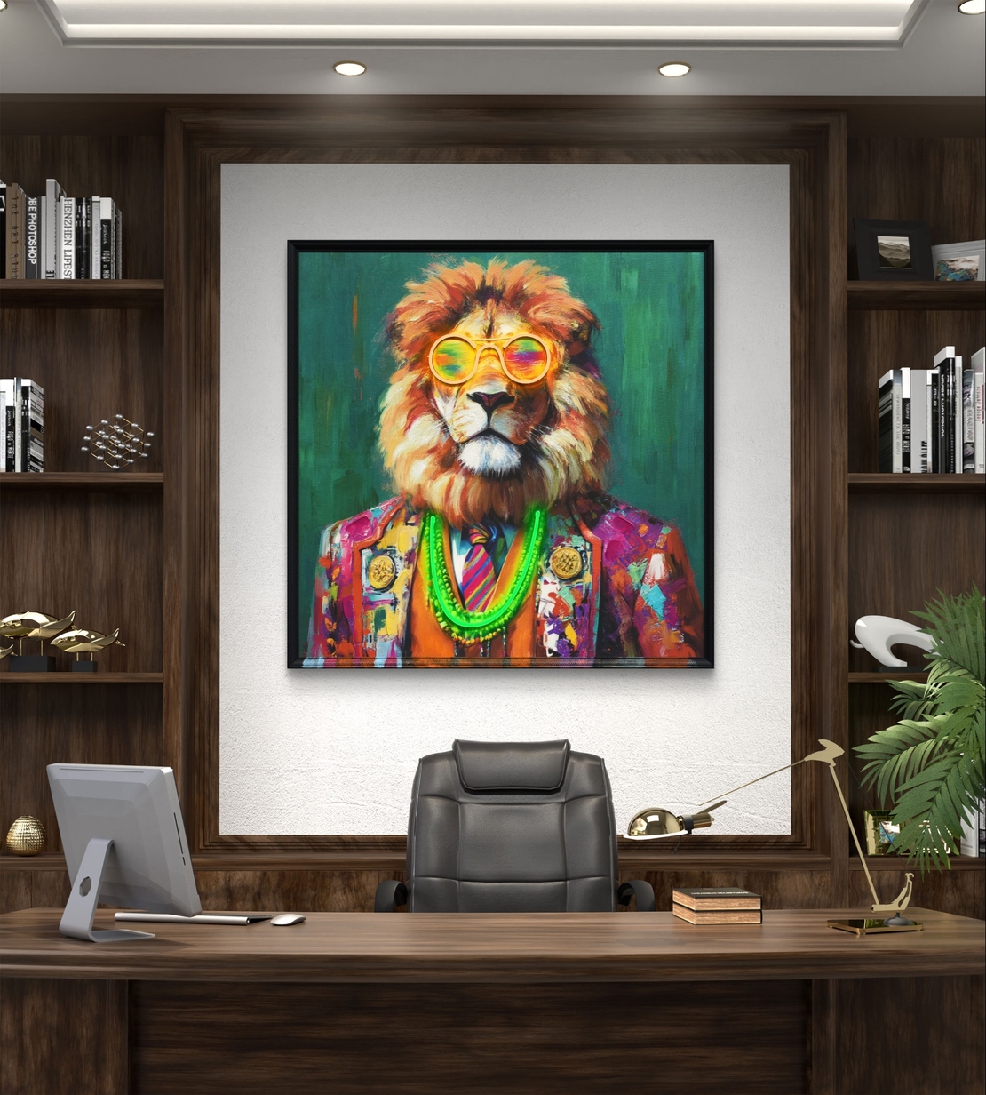 תמונת LED אריה צבעוני עם משקפיים ושרשרת ניאון – מופעלת על סוללות עם שלט רחוק - מידה 83*83 ס