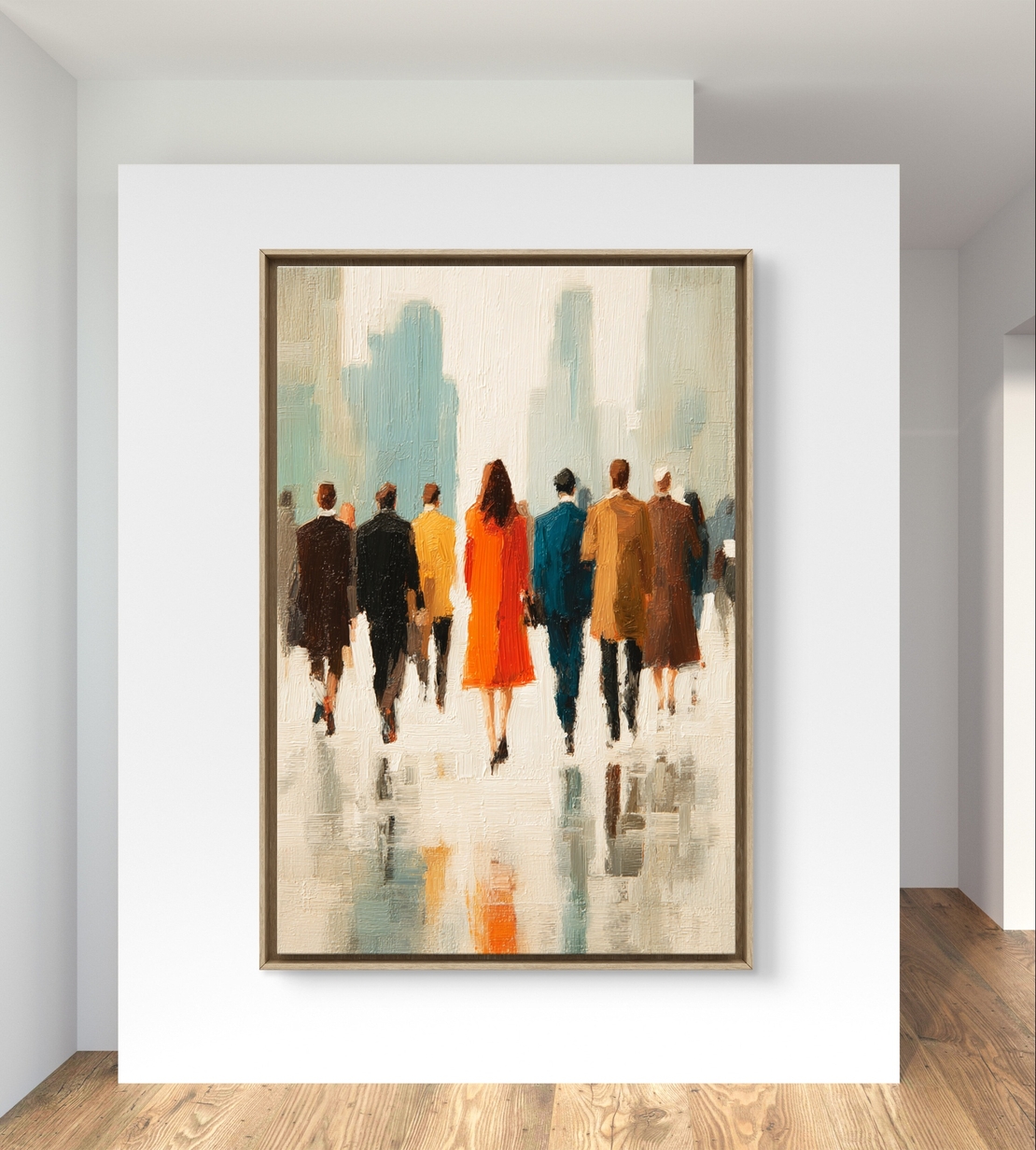 היא במרכז – תמונת קנבס דמויות עירוניות עם שמלה כתומה בפורמט אנכי | MS1643