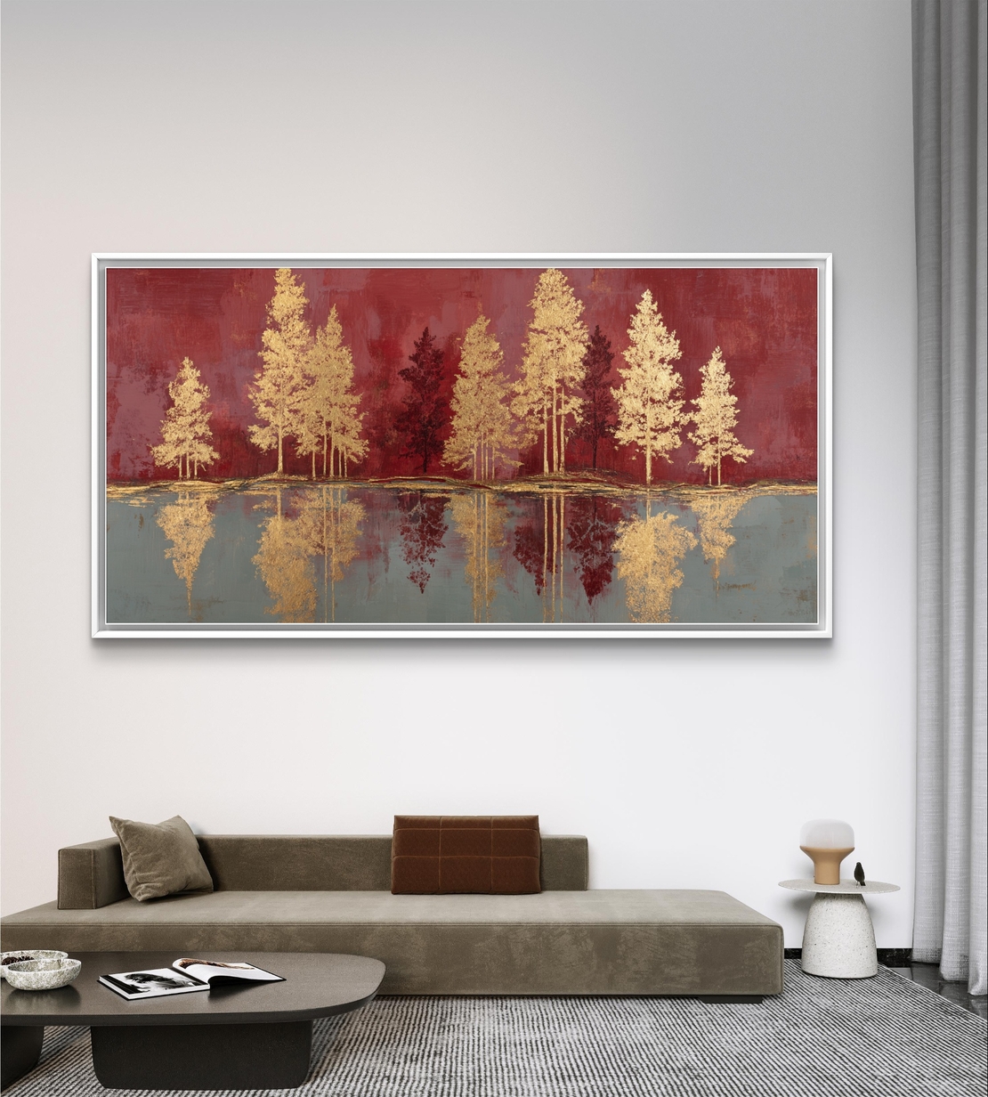 יער הזהב האדום – תמונת קנבס עצי זהב על רקע בורדו | CY4511