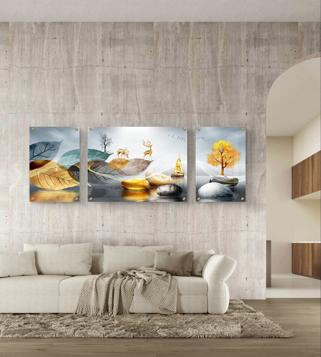 תמונת זכוכית מחולקת עם עלים מוזהבים, איילים, עץ וסירה בעיצוב טבעי מודרני