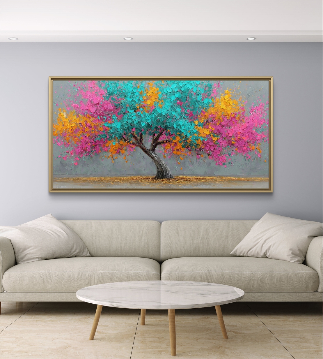 תמונת קנבס לרוחב של עץ צבעוני בגווני טורקיז, ורוד וכתום בעיצוב אומנותי מלא חיים