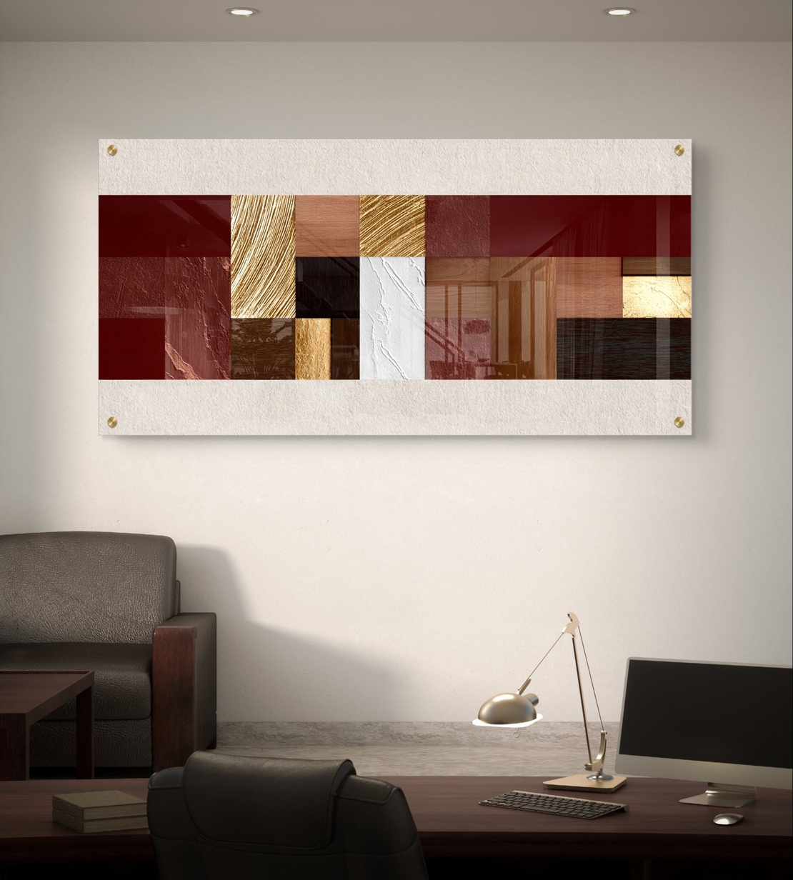 תמונת זכוכית לרוחב בעיצוב אבסטרקטי גאומטרי בגווני בורדו, חום וזהב עם הדפסה חלקה ומראה יוקרתי