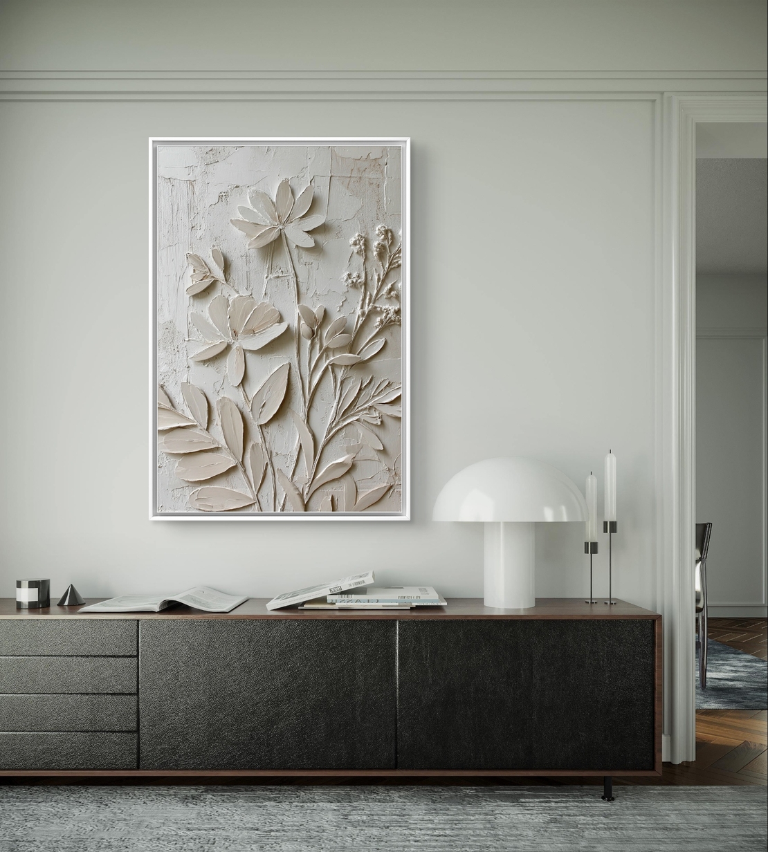 פרחי תבליט בגווני שמנת – תמונת קנבס טקסטורלית אלגנטית | DX5113