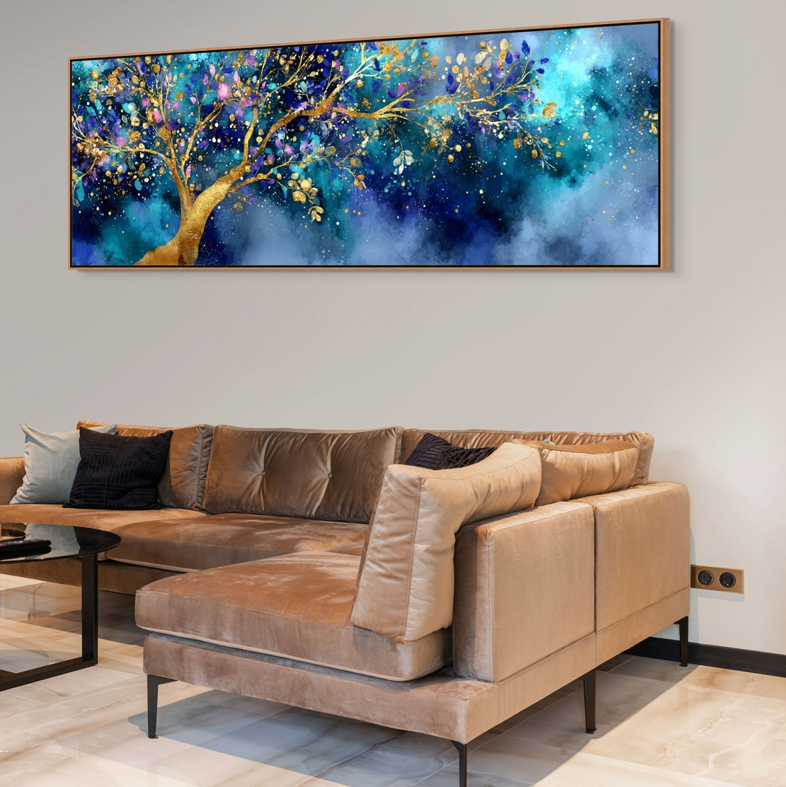 תמונת קנבס של עץ מוזהב על רקע כחול עמוק בסגנון חלומי