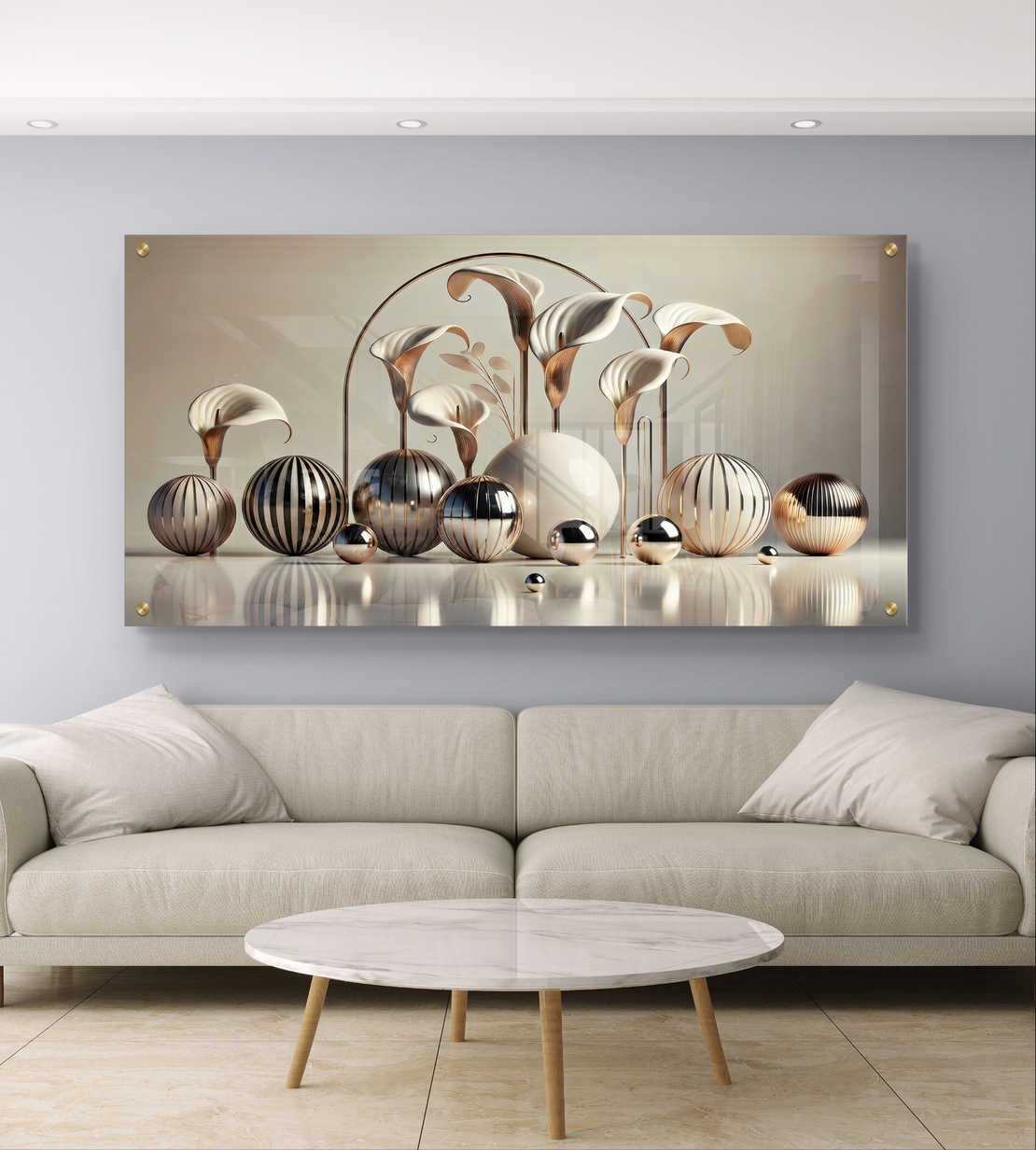 יצירת זכוכית מודרנית לפינת אוכל עם פרחים אלגנטיים וכדורים מבריקים