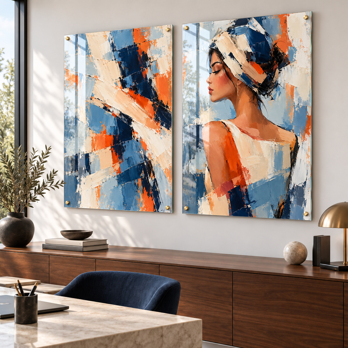 זוג תמונות זכוכית דיוקן אישה בכחול, כתום ולבן | דגם BG7785