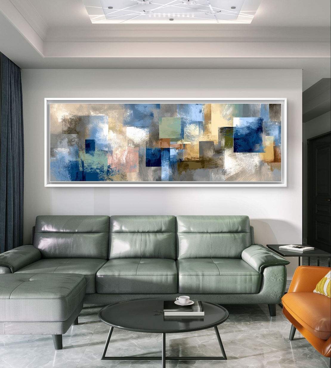 ציור אבסטרקט לקיר עם בלוקים צבעוניים וטקסטורות רכות בכחול וזהב