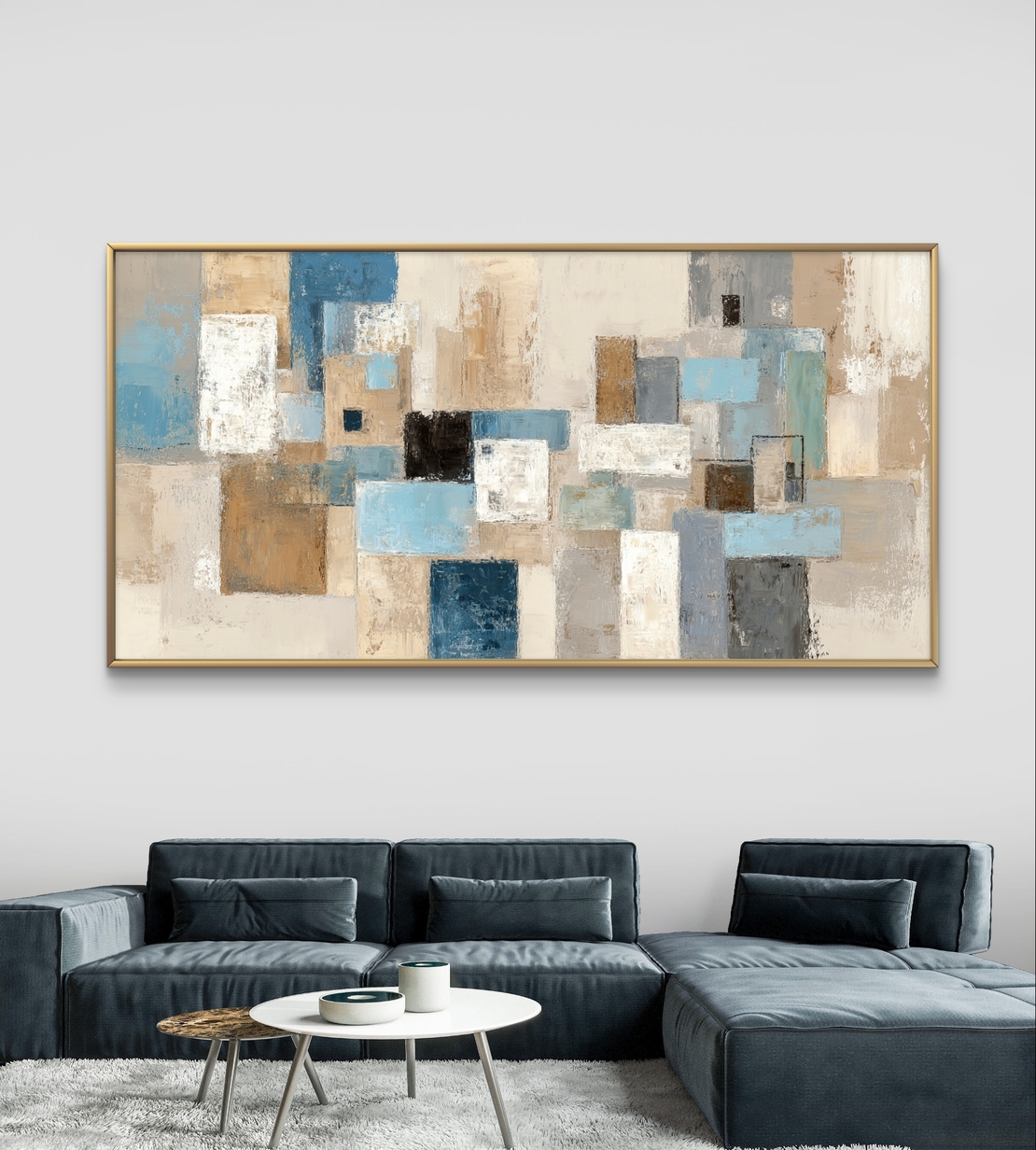 תמונת קנבס לרוחב בעיצוב אבסטרקטי גאומטרי בגווני תכלת, אפור ושמנת לסלון מודרני