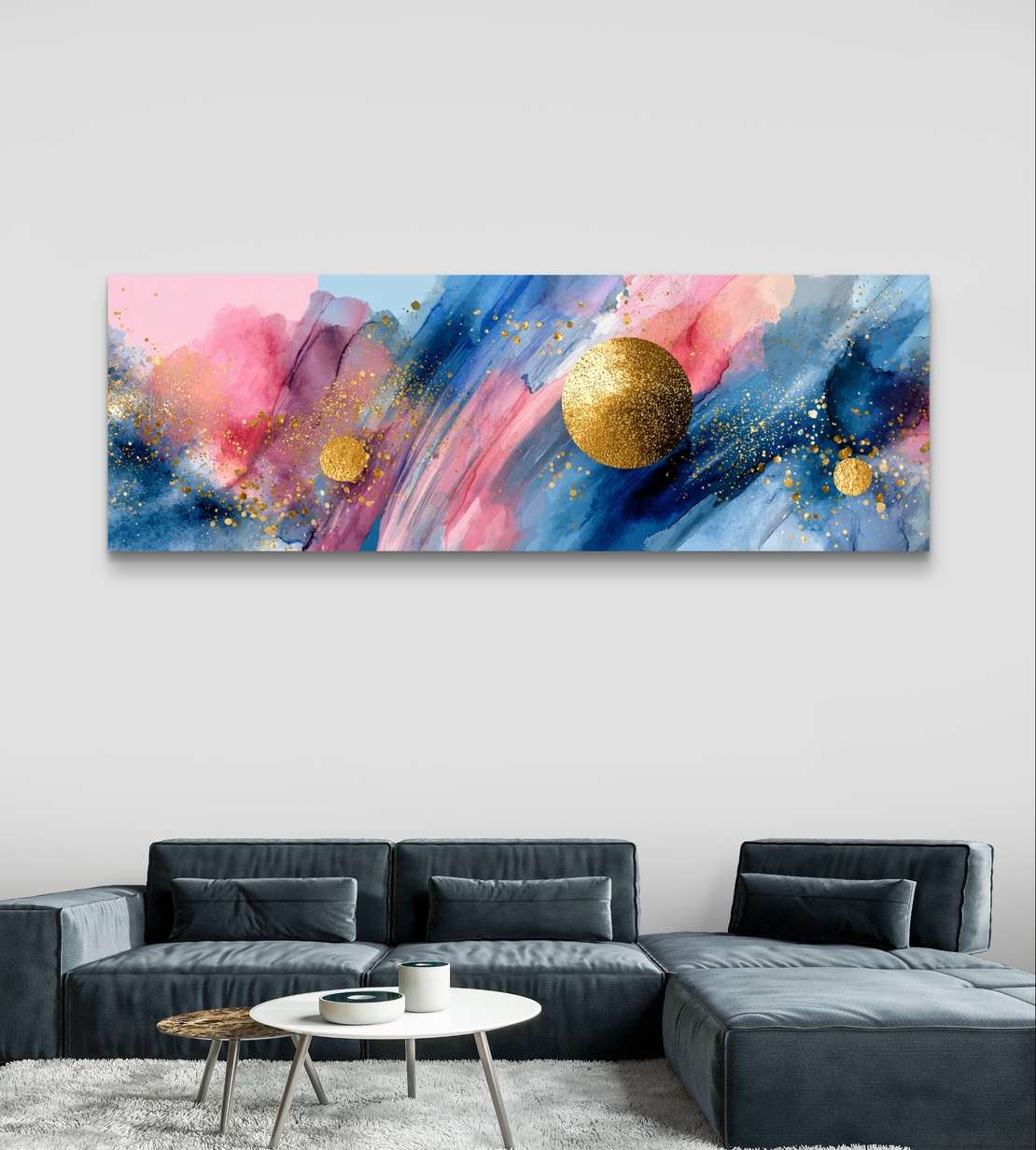 תמונת קנבס פנורמית צבעונית בגווני כחול וורוד עם נקודות זהב בהדפסה חלקה – תכשיט לבית