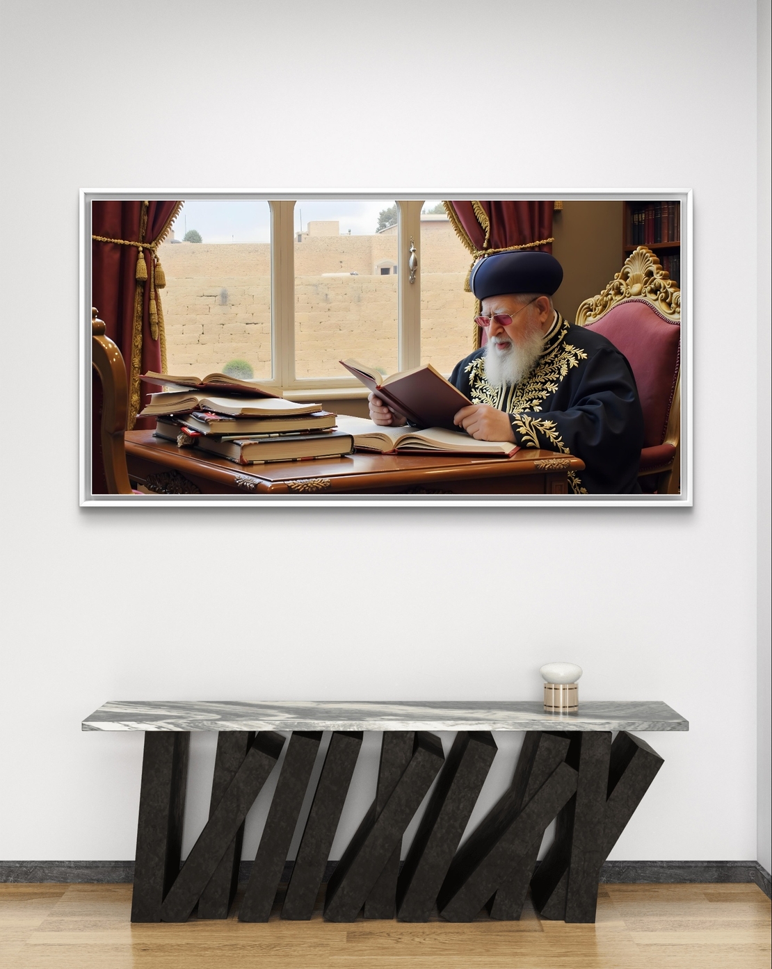 תמונת קנבס המציגה רב גדול בלימוד תורה, יושב לצד שולחן עם ספרי קודש, על רקע נוף יהודי מסורתי הנשקף מחלון גדול.