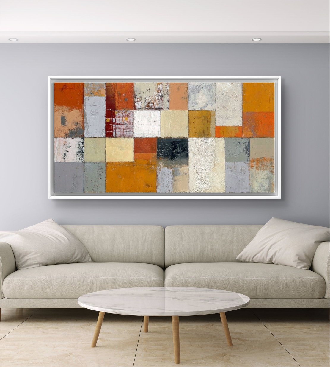 תמונת קנבס בסגנון פסיפס מופשט בגווני כתום, שמנת ואפור, בהדפסה חלקה ללא תבליט מקולקציית תכשיט לבית.