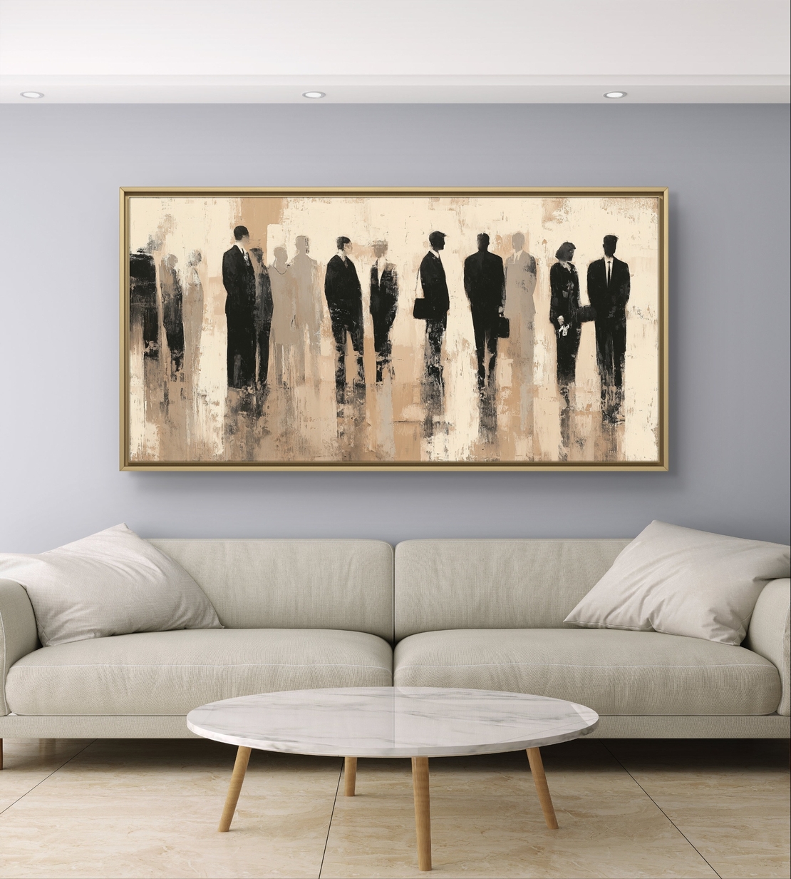 תמונת קנבס של דמויות מופשטות בגווני שחור ובז' בהדפסה חלקה ללא תבליט, מקולקציית תכשיט לבית.