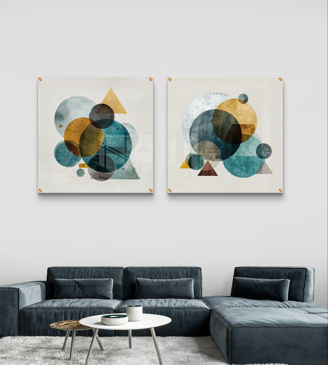 סט תמונות זכוכית מרובעות בגווני טורקיז וחרדל עם צורות גאומטריות — תכשיט לבית