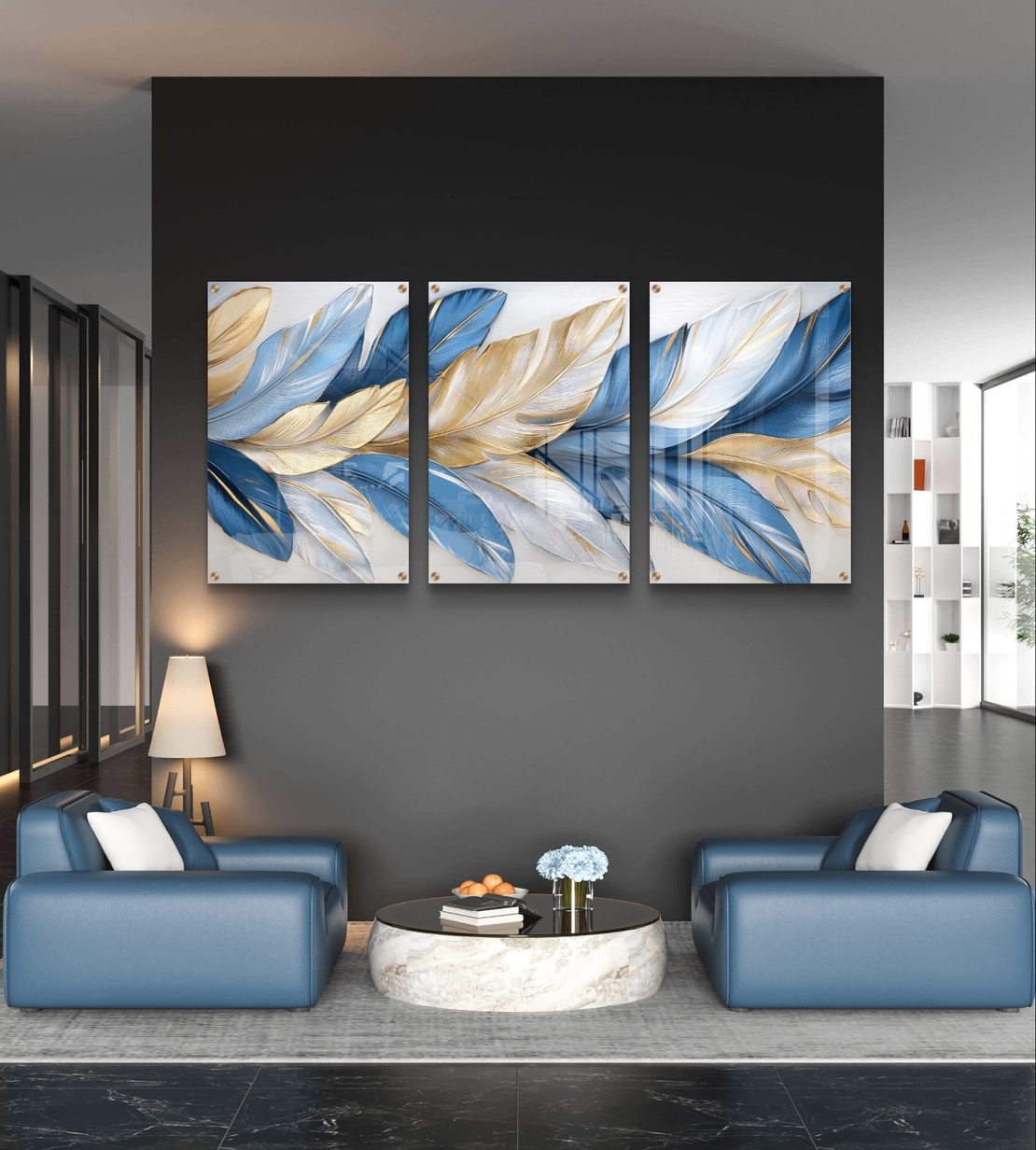 תמונת זכוכית שלשה נוצות כחול וזהב