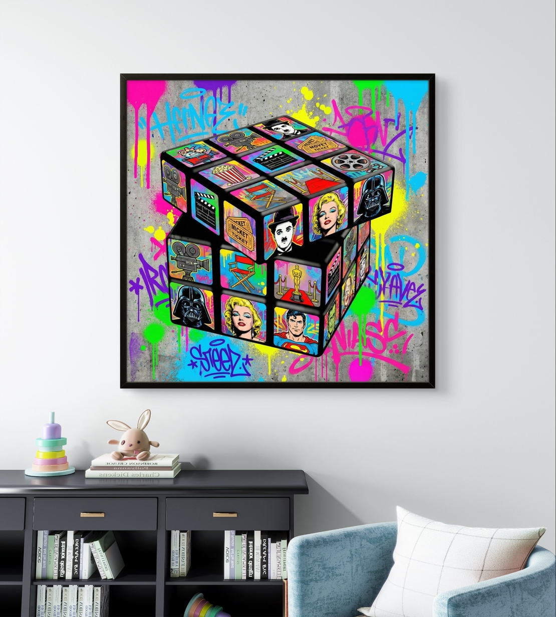 תמונת קנבס מרובעת בסגנון פופ ארט עם קובייה תלת־ממדית מלאה בדמויות אייקוניות וגרפיטי צבעוני, מסר של יצירתיות ומוטיבציה
