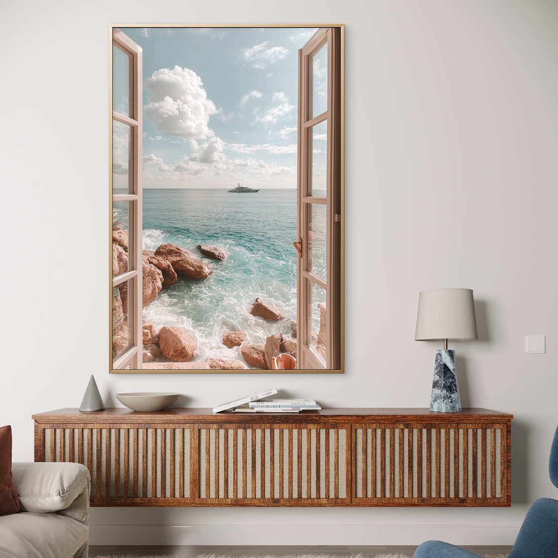 תמונת קנבס חלון לים בגווני טורקיז ובז’ – מתוך קולקציית NEXTGEN BY BAR של תכשיט לבית, בעיצוב יוקרתי והדפסה חלקה ואיכותית.