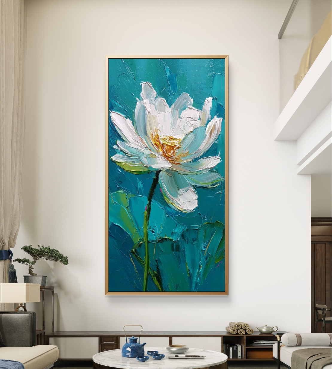 תמונת קנבס לאורך עם פרח לבן פתוח על רקע טורקיז בעיצוב אמנותי רגוע