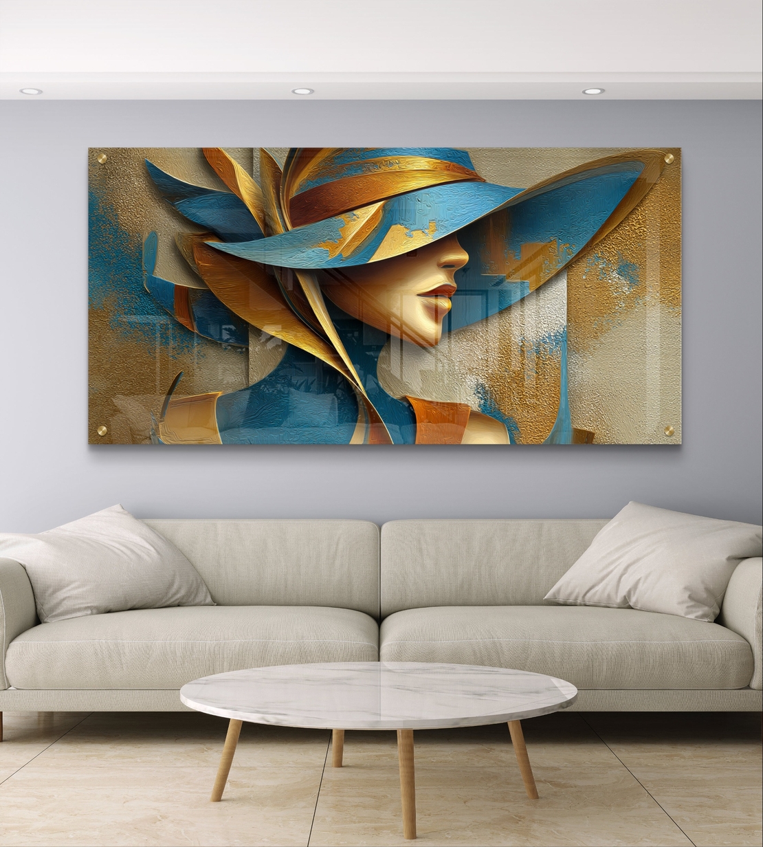תמונת זכוכית דיוקן נשי בכחול וזהב עם כובע רחב בסגנון אופנתי-אמנותי יוקרתי