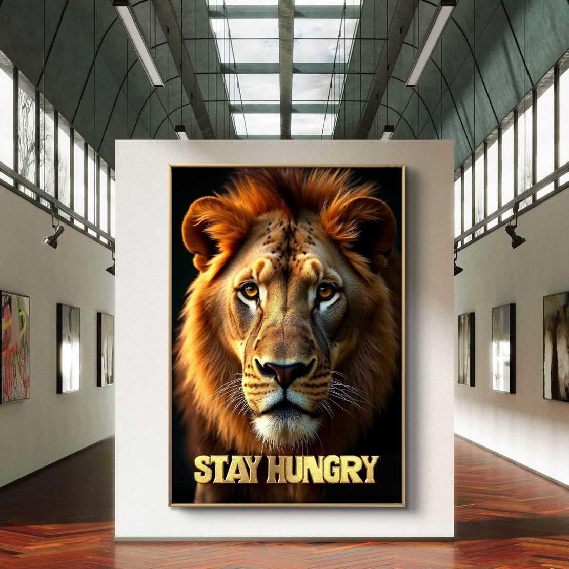 תמונת קנבס של אריה מביט קדימה עם טקסט Stay Hungry בצבע זהב, מתוך קולקציית M-X ART לעיצוב מעורר השראה