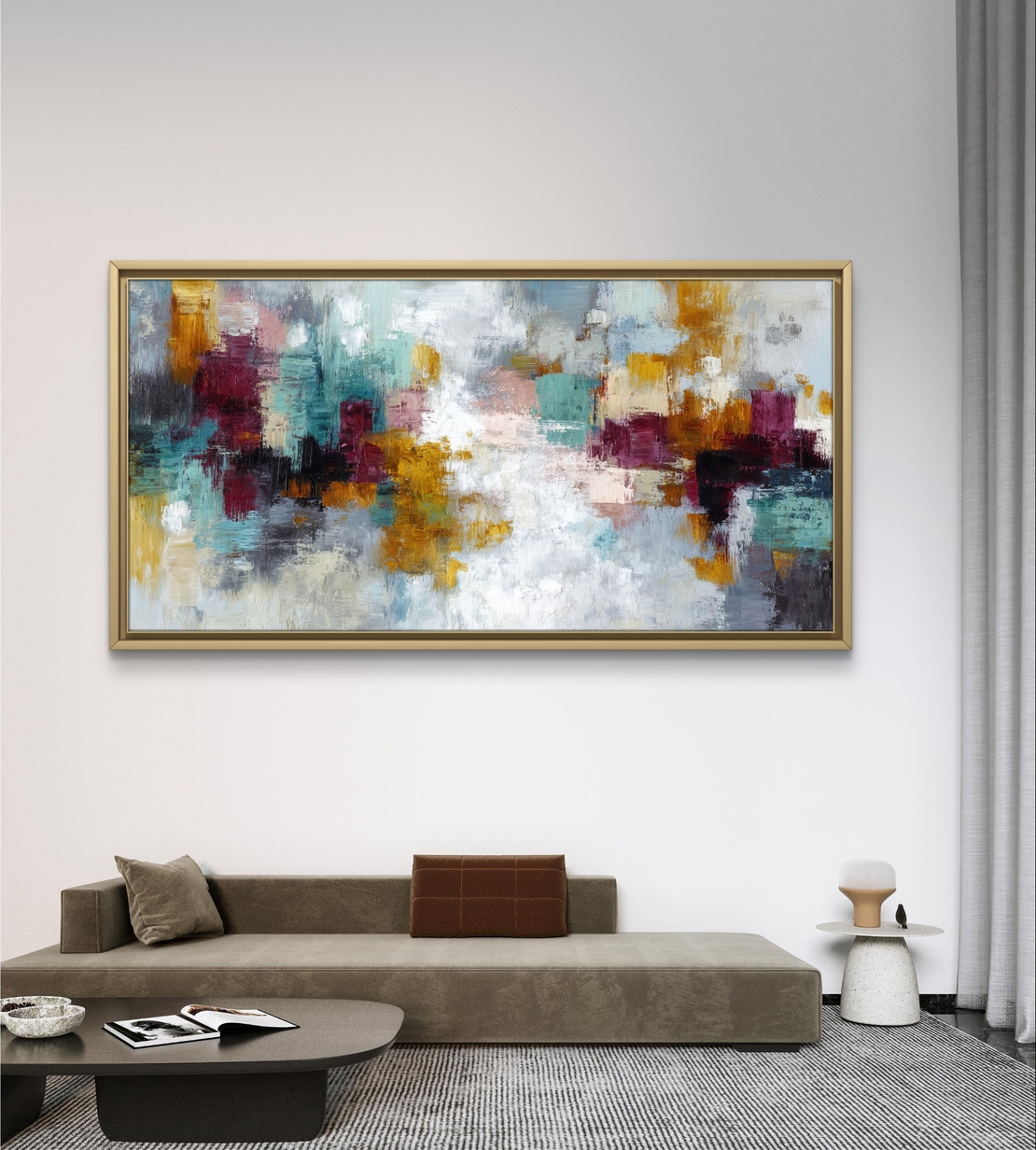 תמונת קנבס מופשטת לרוחב בגווני טורקיז, בורדו וזהב – תכשיט לבית