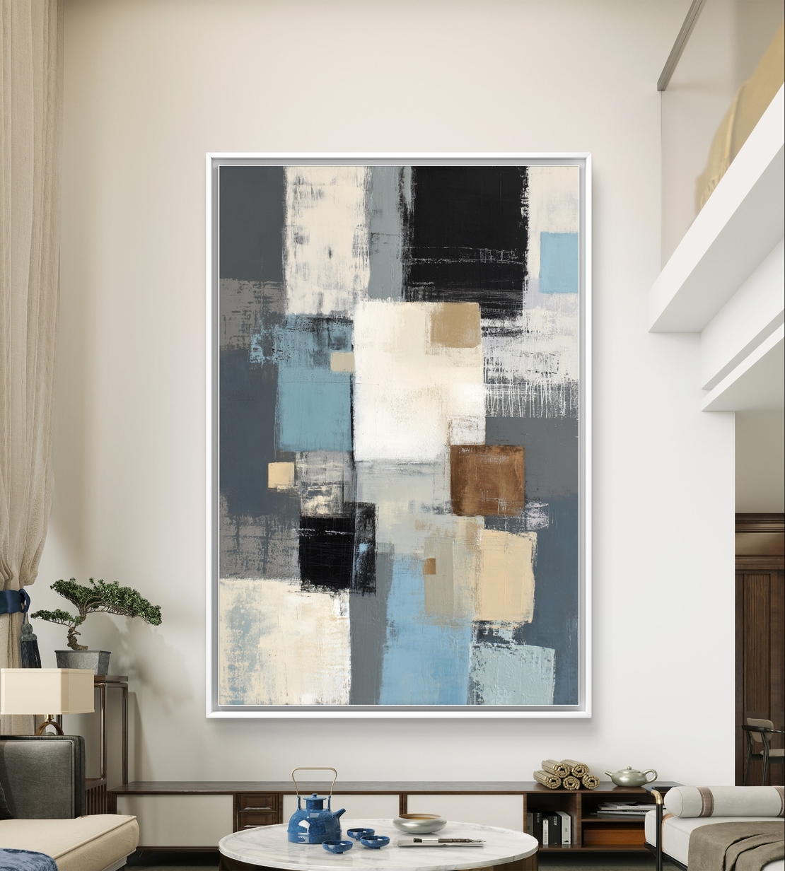 תמונת קיר אבסטרקט הדפסה חלקה לא תבליט בגוונים כחולים