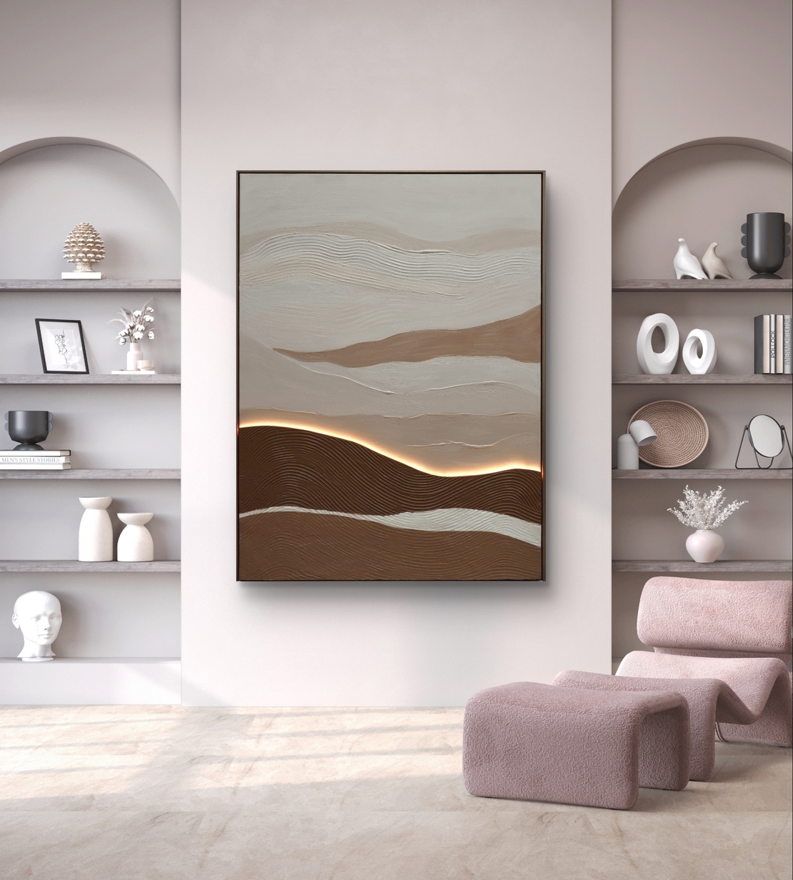 תמונת LED עבודת יד נוף אבסטרקטי בגווני שמנת וחום – מופעלת על סוללות עם שלט רחוק מידה 123*83 ס