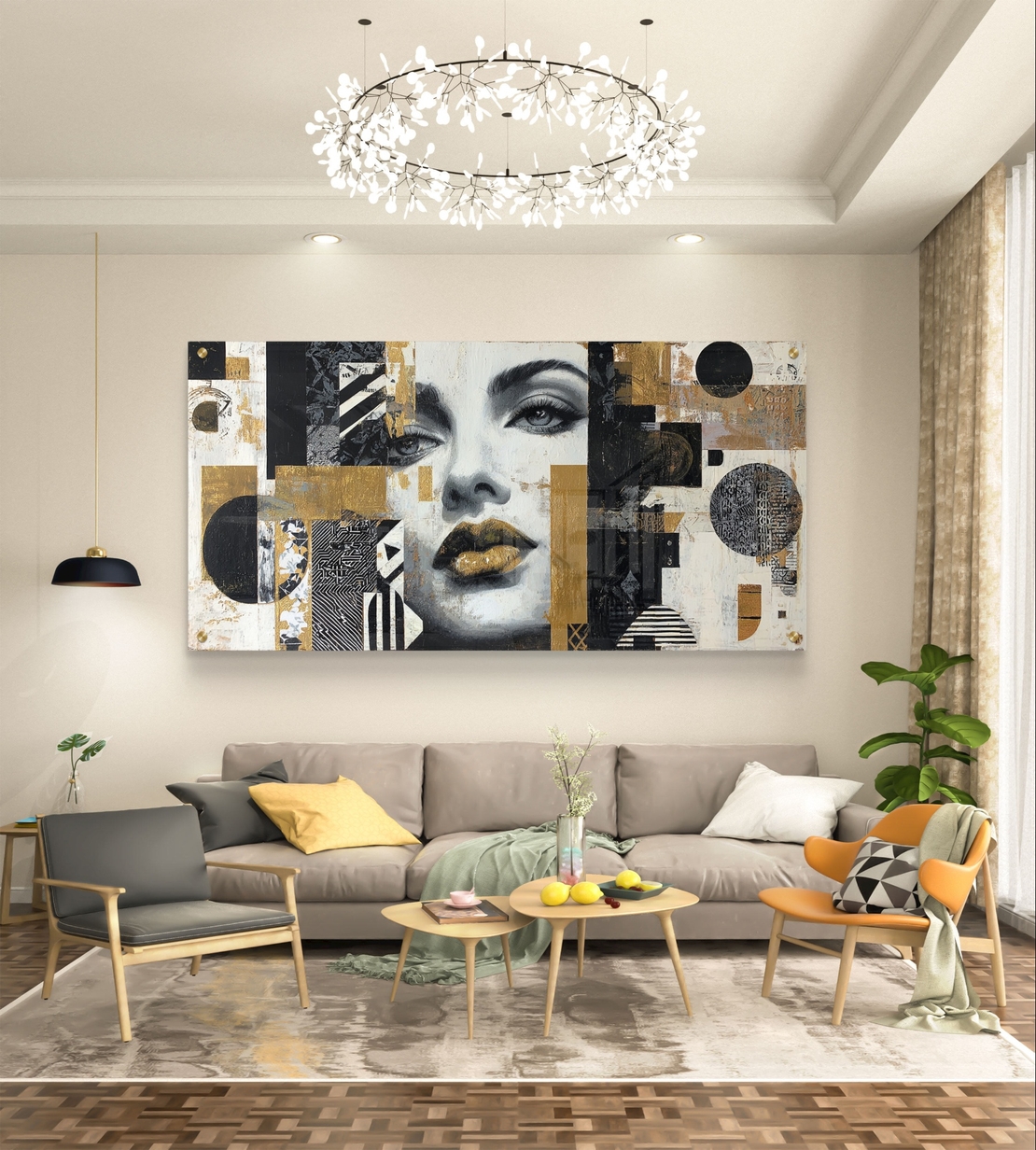 תמונת זכוכית לרוחב עם פורטרט נשי אבסטרקטי בגווני שחור, לבן וזהב לעיצוב סלון מודרני