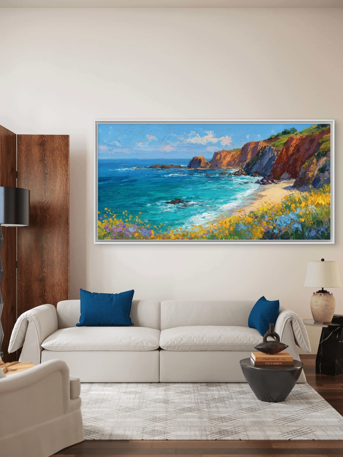 תמונת קנבס של נוף חוף טורקיז עם מצוקים צבעוניים ופריחה – NEXTGEN BY BAR