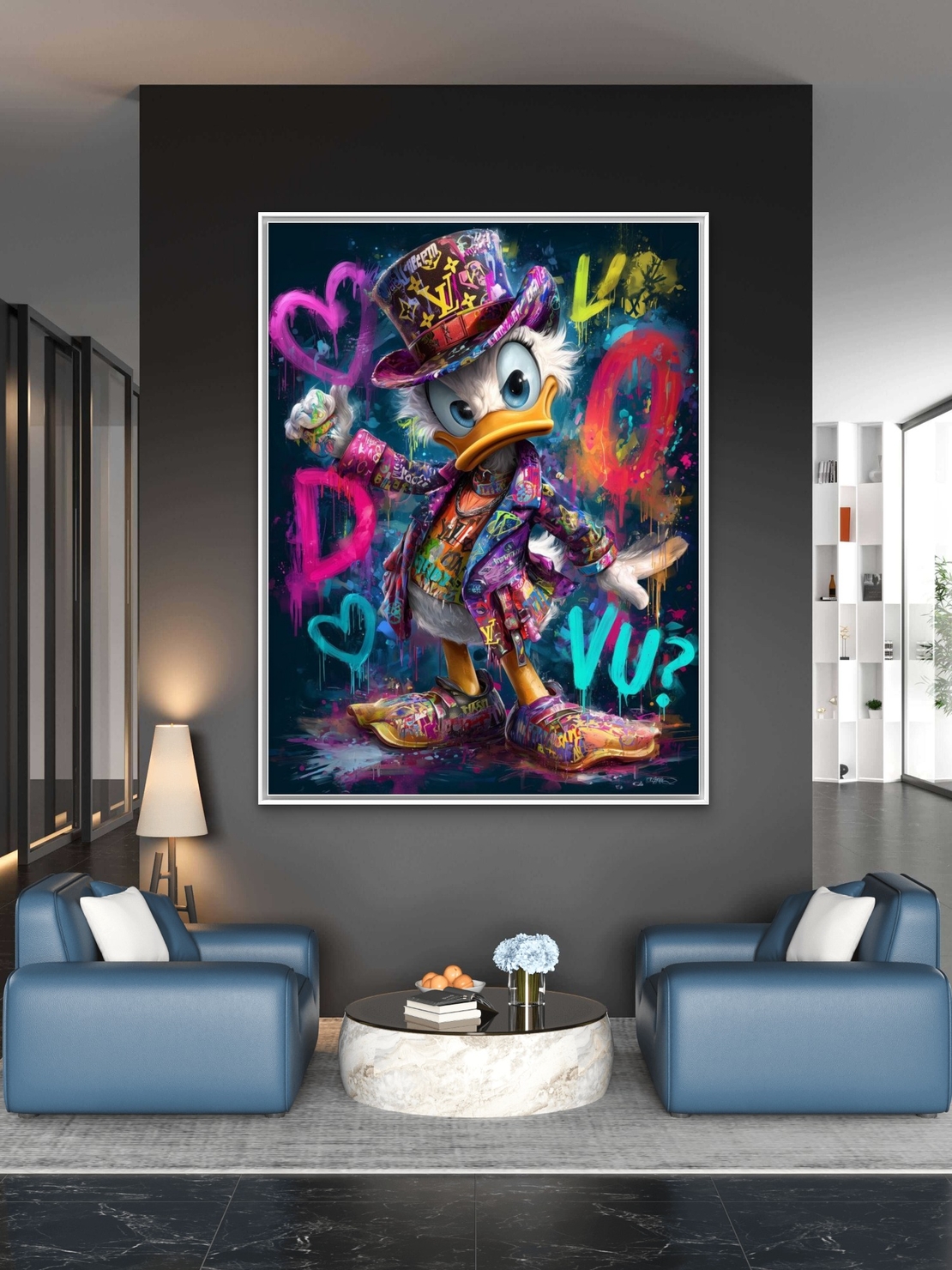 תמונת קנבס צבעונית בסגנון גרפיטי אורבני עם דמות מאוירת וצבעים עזים לעיצוב מודרני לבית