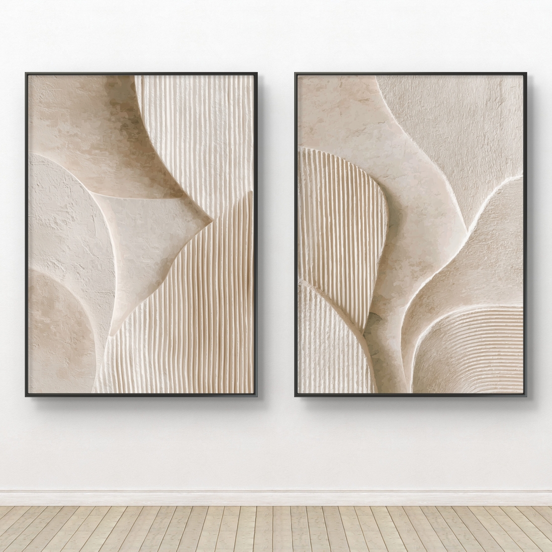 זוג תמונות קנבס בגווני בז ושמנת עם צורות פיסוליות עדינות