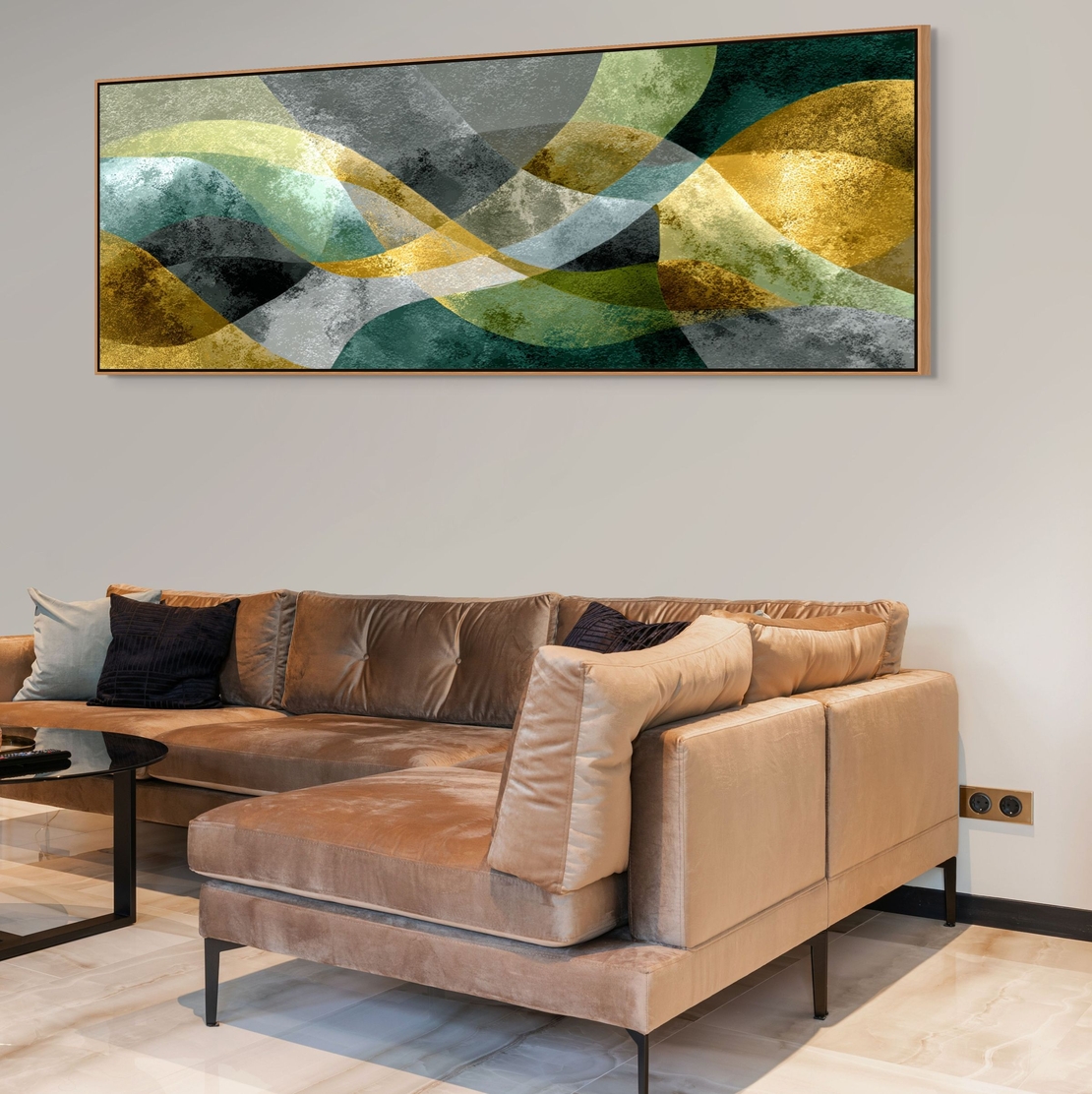 תמונת קנבס אבסטרקטית פנורמית עם קווים זורמים בגווני ירוק, אפור וזהב