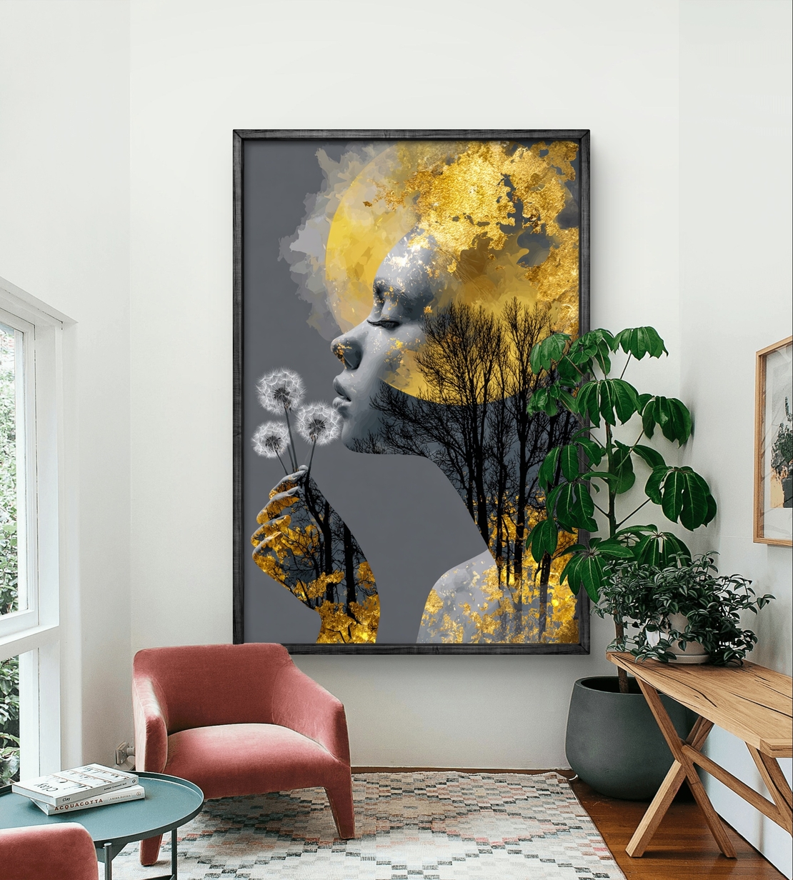 תמונת קנבס אומנותית של אישה עם נגיעות זהב, עצים ופרח, בעיצוב רגשי ומודרני
