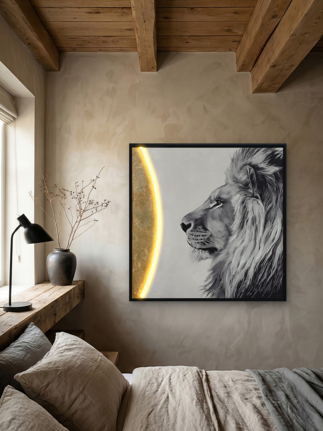 תמונת LED אריה מונוכרומטי עם אלמנט זהב – הדפס משודרג עם מריחות צבע, מופעלת על סוללות עם שלט רחוק מידה 83*83 ס