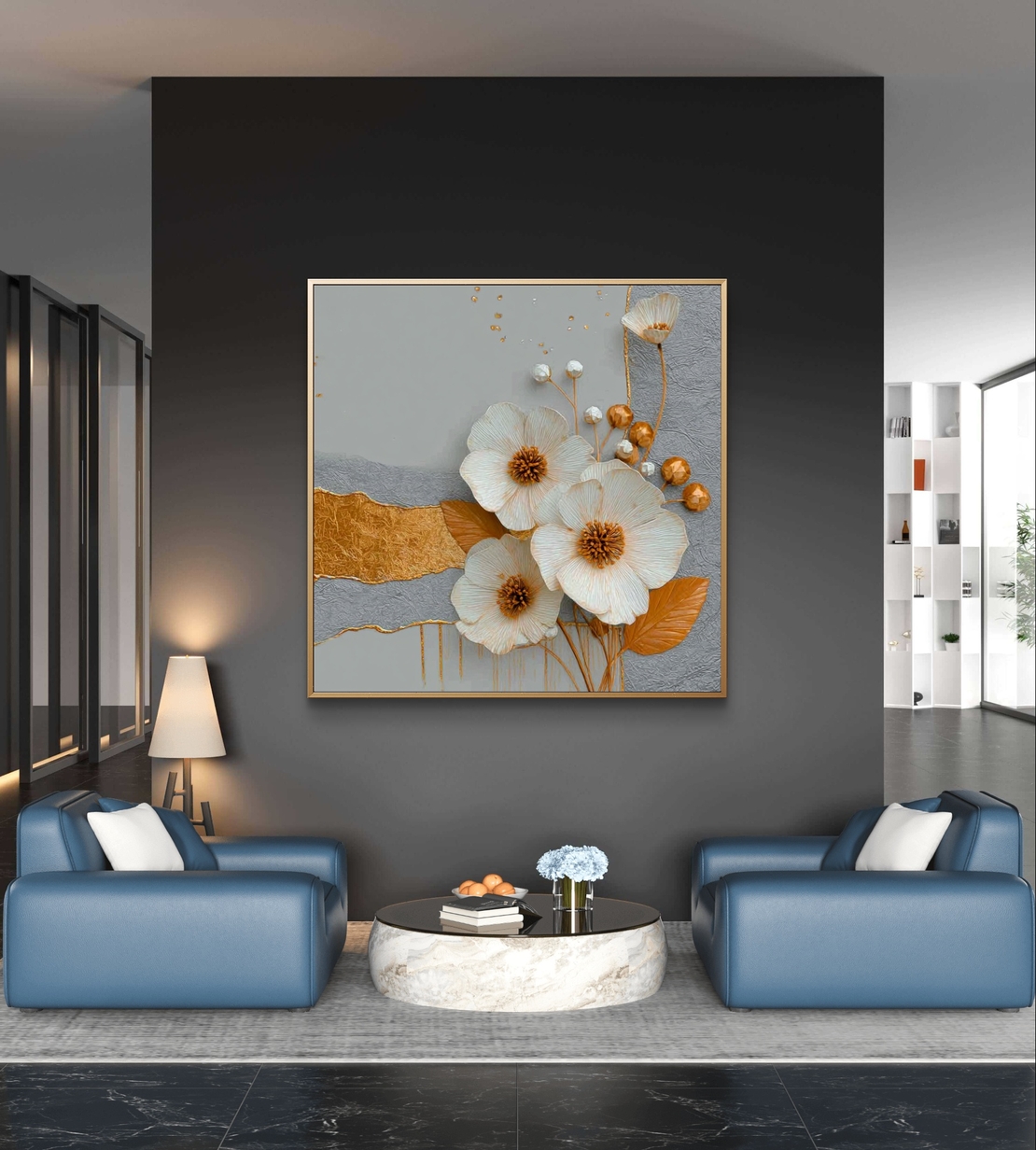 עלי זהב – תמונת קנבס פרחים לבנים עם זהב ואפור | SQ3381