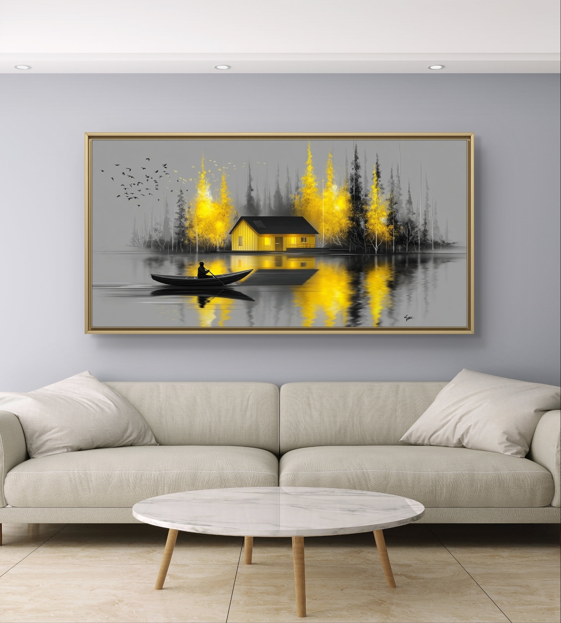 בית הזהב בערפל – תמונת קנבס נוף סירה ובית על אגם | CY4515