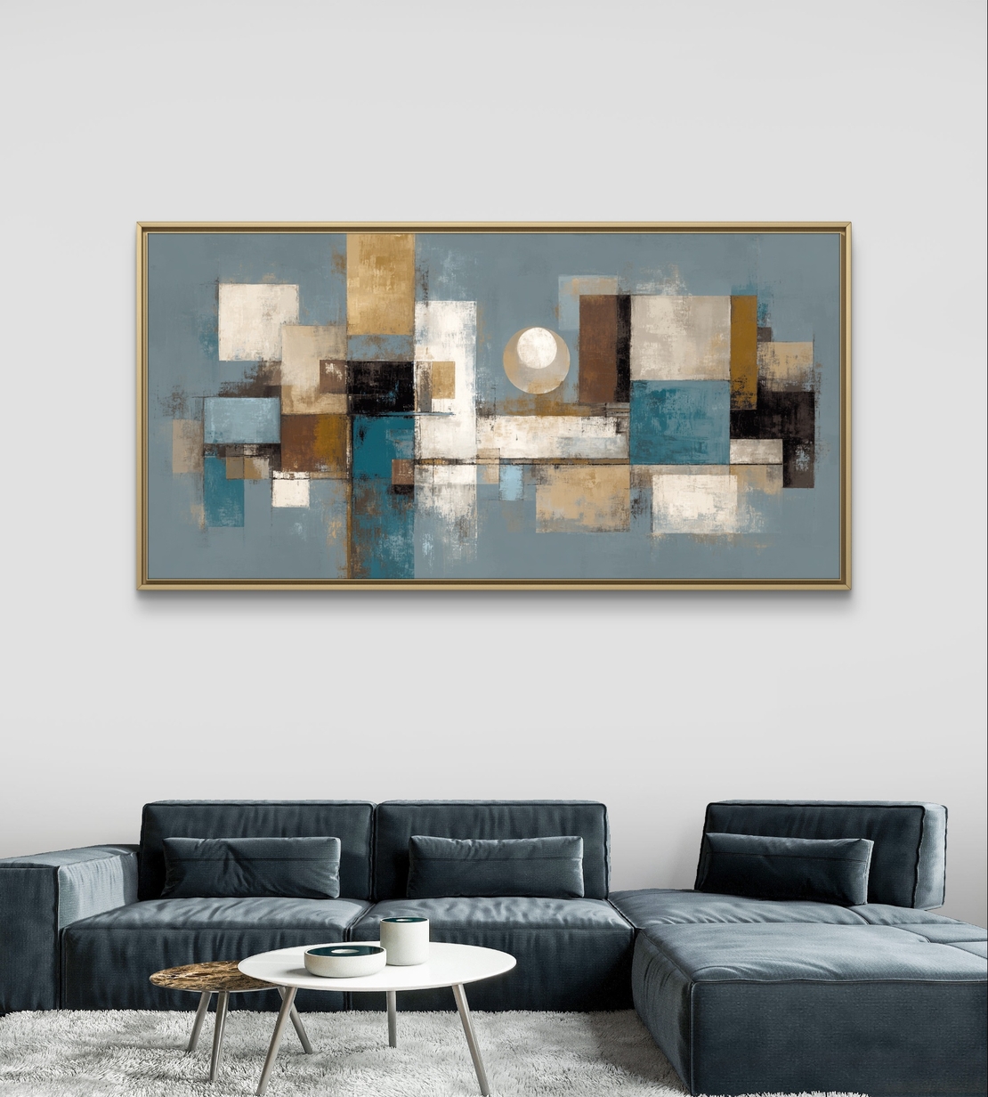 תמונת קנבס לרוחב בסגנון אבסטרקט גאומטרי בגווני כחול ובז’ לעיצוב הבית
